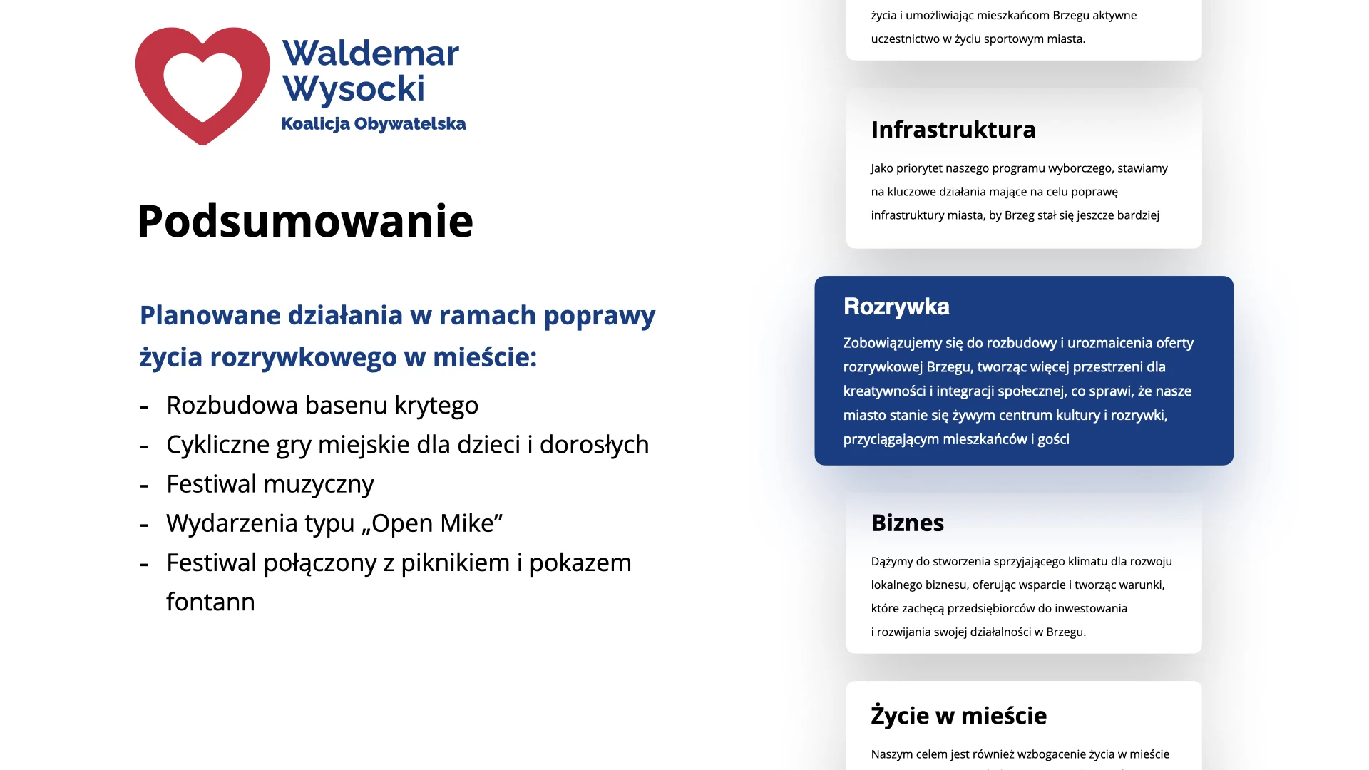 Informacja promujące program wyborczy Waldemara Wysockiego jako Kandydata na Burmistrza Brzegu