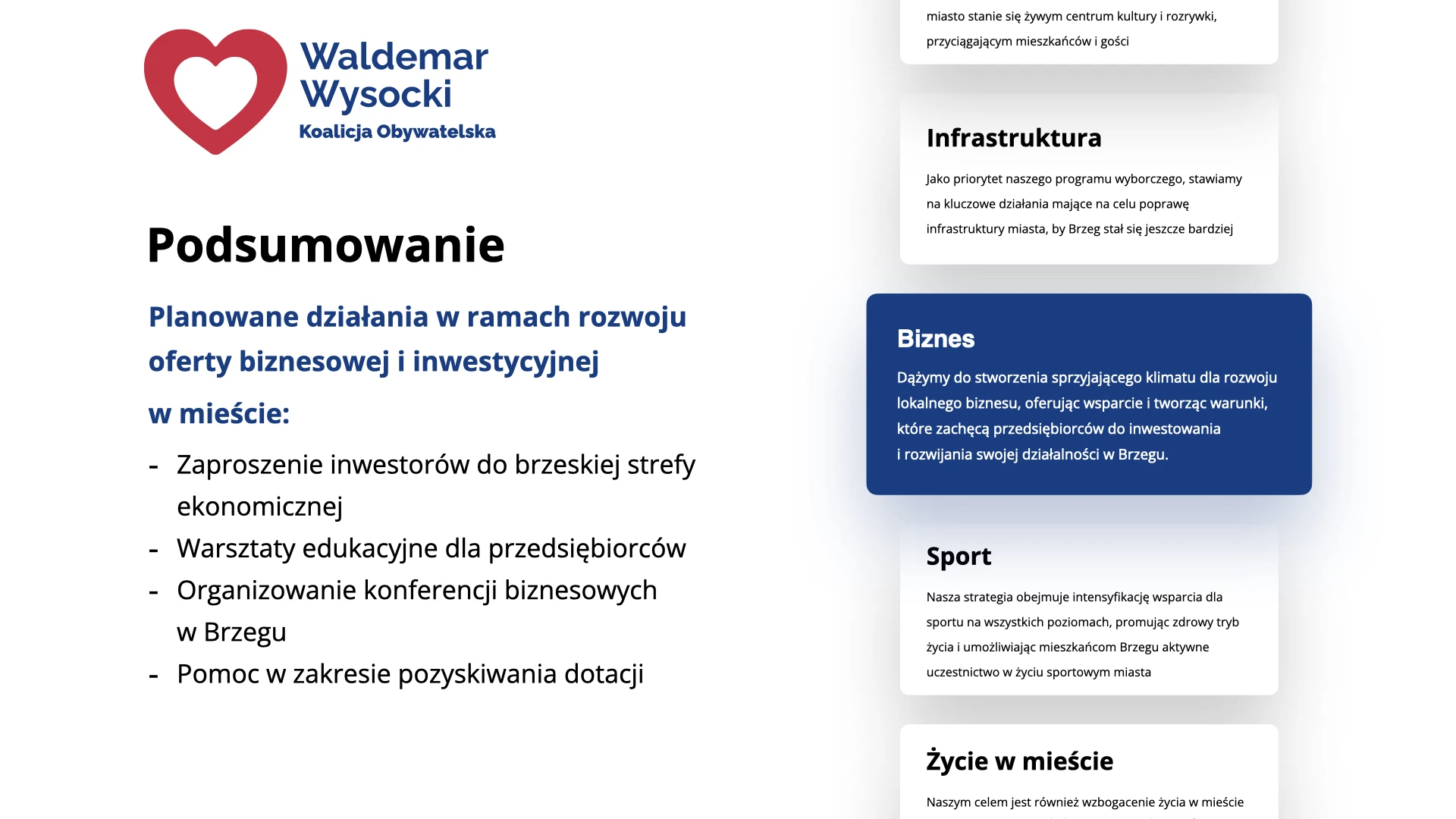 Informacja promujące program wyborczy Waldemara Wysockiego jako Kandydata na Burmistrza Brzegu