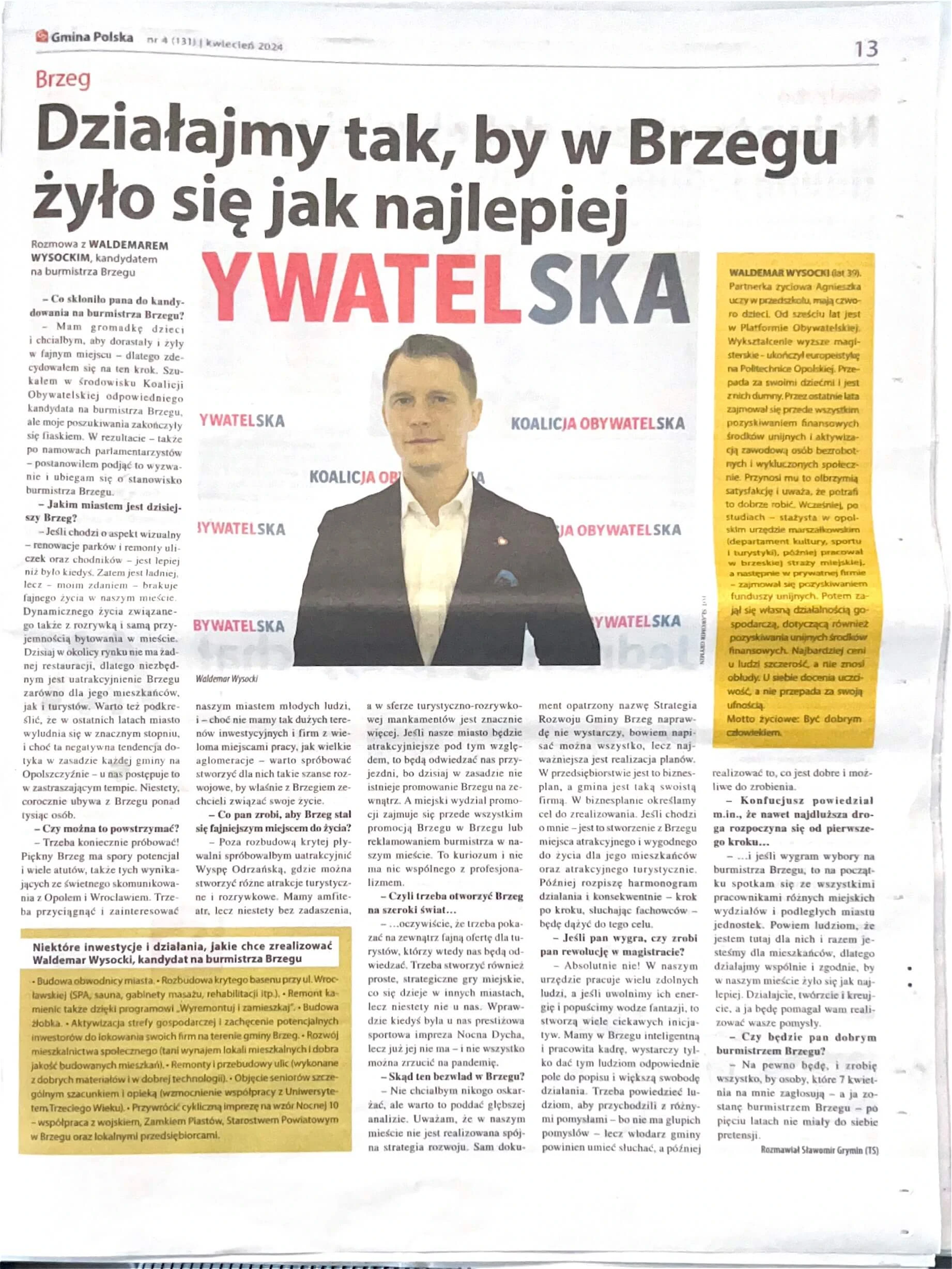 Waldemar Wysocki o swojej wizji Brzegu: Wywiad w Krajowym Portalu Samorządowym Gmina Polska